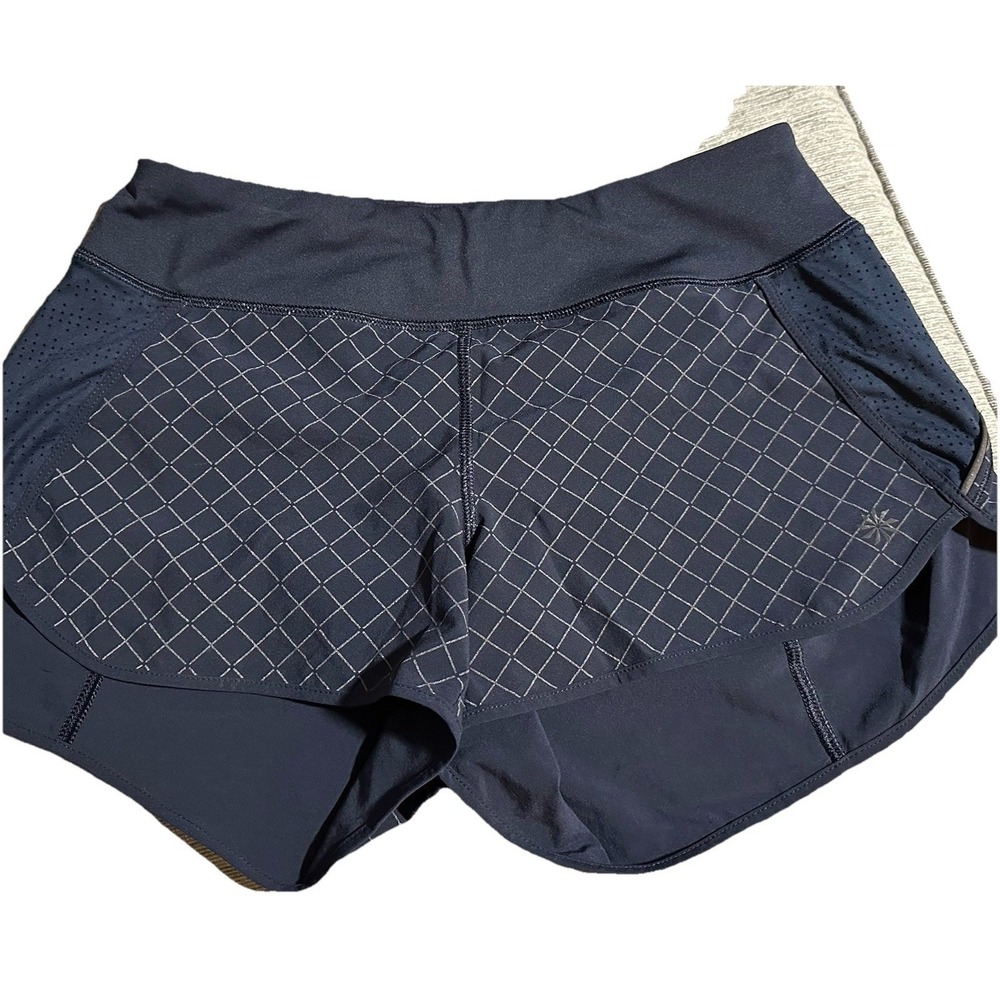 ATHLETA Womens XS Navy Blue Reflective Grid Running Shorts Zip Pocket Mesh